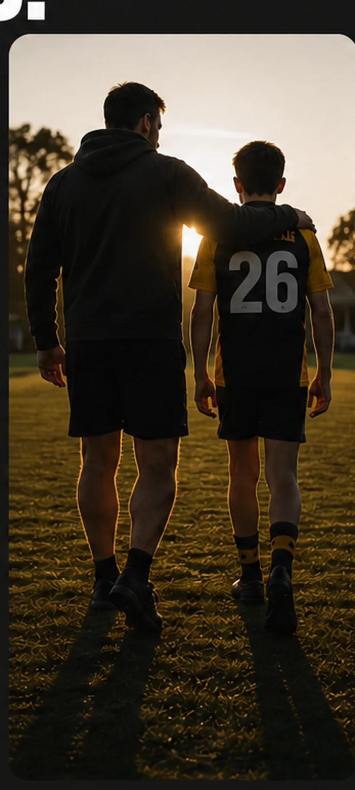 A father and son walking side by side across the field at sunset